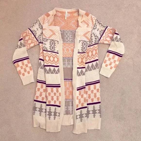 LLove Long Cardigan Sweater Womens Size Medium Large Beige Peach Open Front Knit - Picture 1 of 12